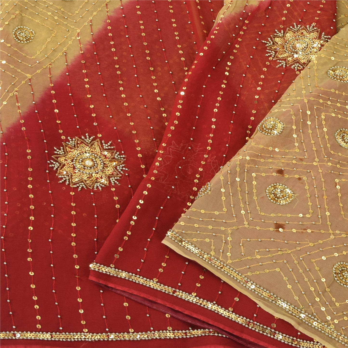 Sanskriti Vintage Red/Beige Sarees Pure Georgette Hand Beaded Sari Craft Fabric