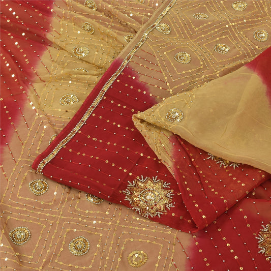 Sanskriti Vintage Red/Beige Sarees Pure Georgette Hand Beaded Sari Craft Fabric