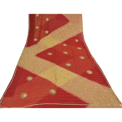 Sanskriti Vintage Red/Beige Sarees Pure Georgette Hand Beaded Sari Craft Fabric