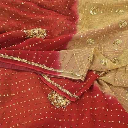 Sanskriti Vintage Red/Beige Sarees Pure Georgette Hand Beaded Sari Craft Fabric