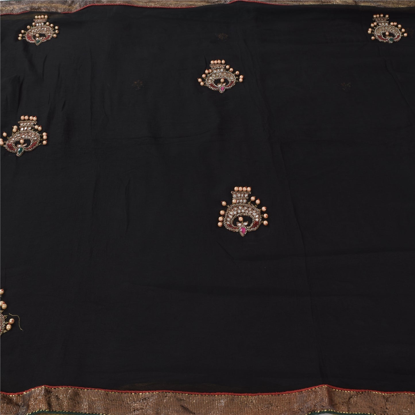 Sanskriti Vintage Sarees Black Hand Beaded Pure Chiffon Silk Sari Craft Fabric