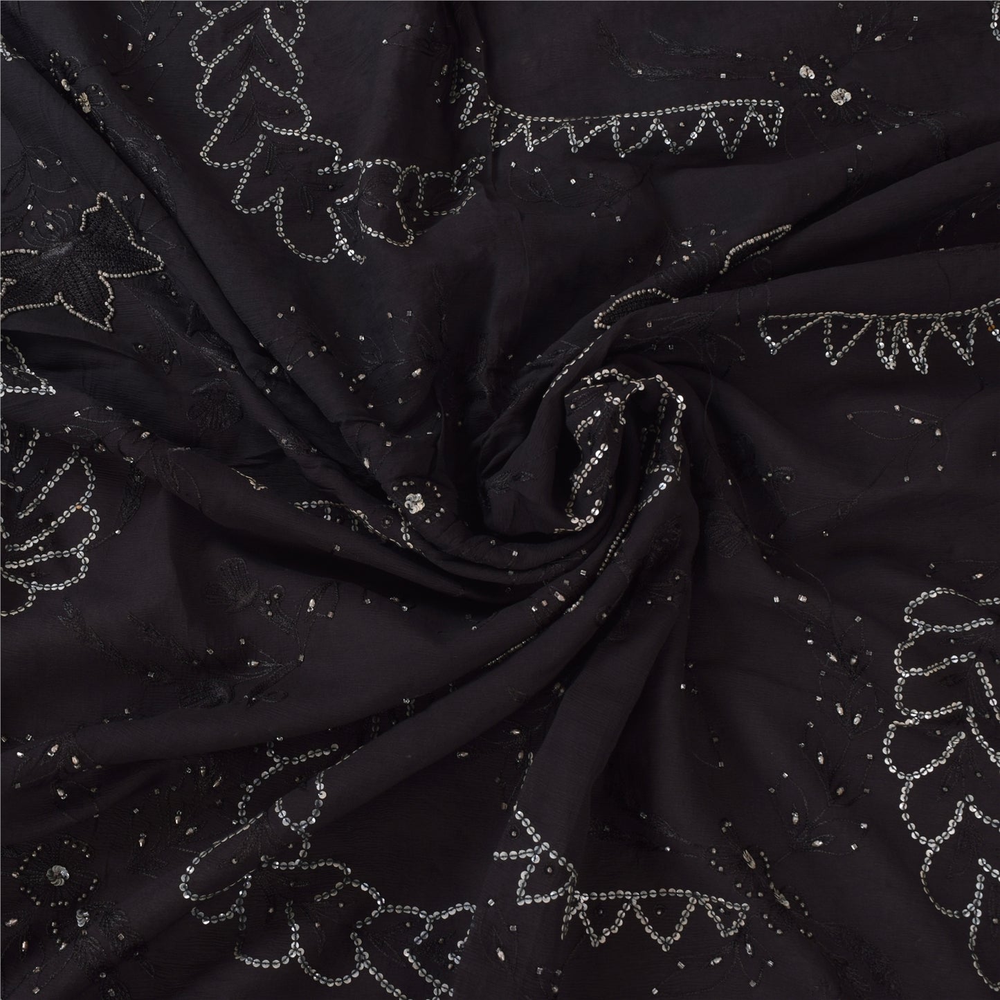 Sanskriti Vintage Black Sarees Pure Chiffon Silk Hand Beaded Sari Mukiesh Fabric