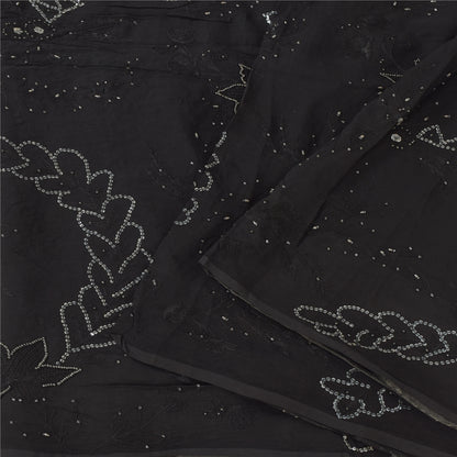 Sanskriti Vintage Black Sarees Pure Chiffon Silk Hand Beaded Sari Mukiesh Fabric