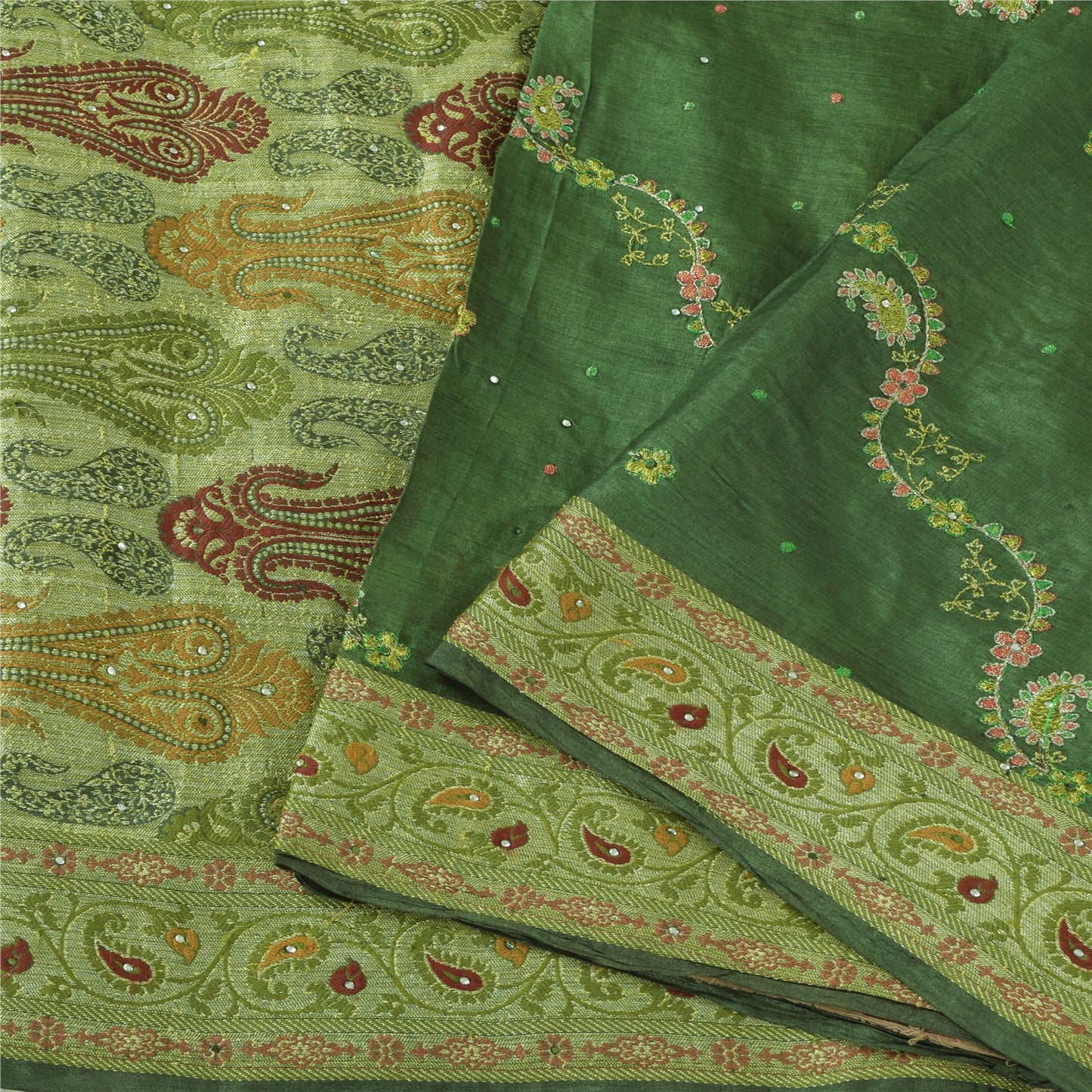 Sanskriti Vintage Green Sarees Pure Silk Embroidered Woven Sari 5yd Craft Fabric