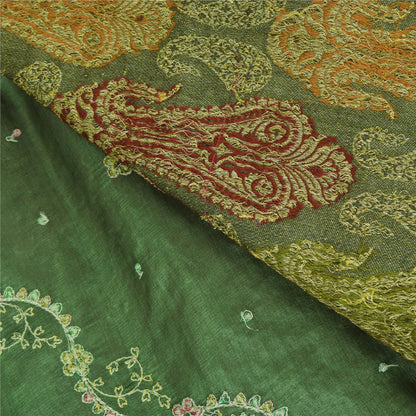 Sanskriti Vintage Green Sarees Pure Silk Embroidered Woven Sari 5yd Craft Fabric