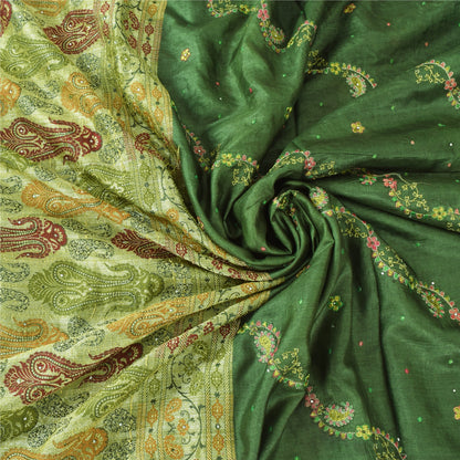 Sanskriti Vintage Green Sarees Pure Silk Embroidered Woven Sari 5yd Craft Fabric