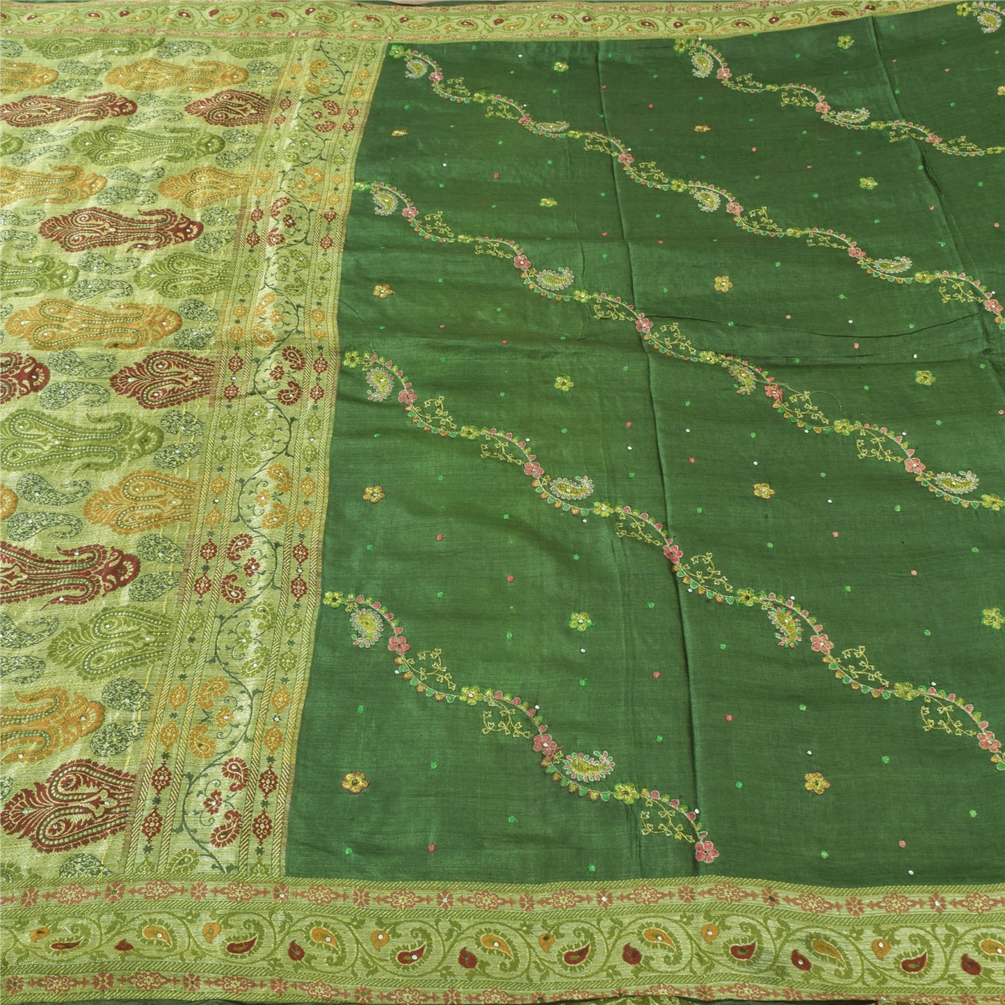 Sanskriti Vintage Green Sarees Pure Silk Embroidered Woven Sari 5yd Craft Fabric