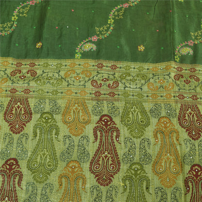 Sanskriti Vintage Green Sarees Pure Silk Embroidered Woven Sari 5yd Craft Fabric