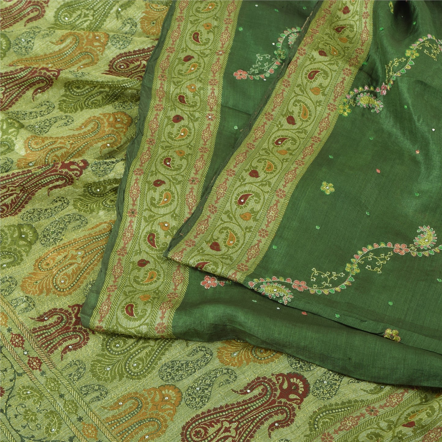 Sanskriti Vintage Green Sarees Pure Silk Embroidered Woven Sari 5yd Craft Fabric