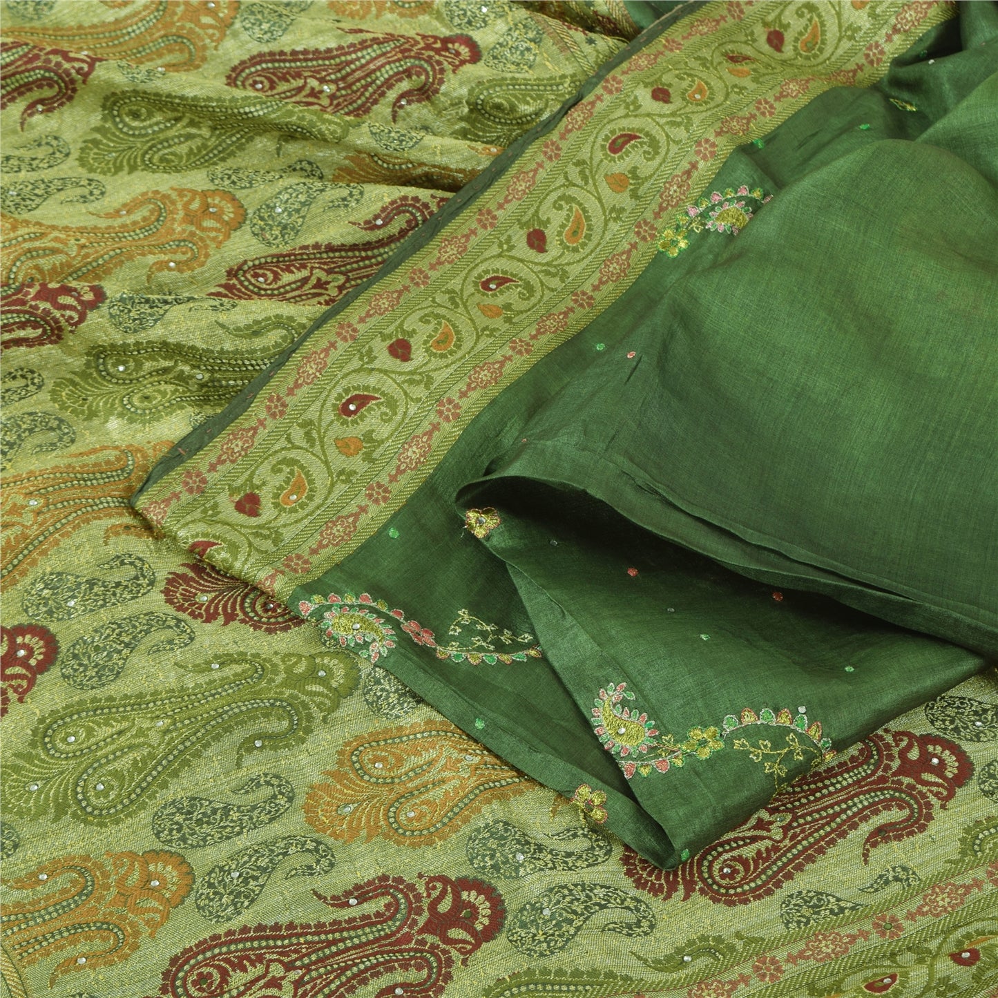 Sanskriti Vintage Green Sarees Pure Silk Embroidered Woven Sari 5yd Craft Fabric