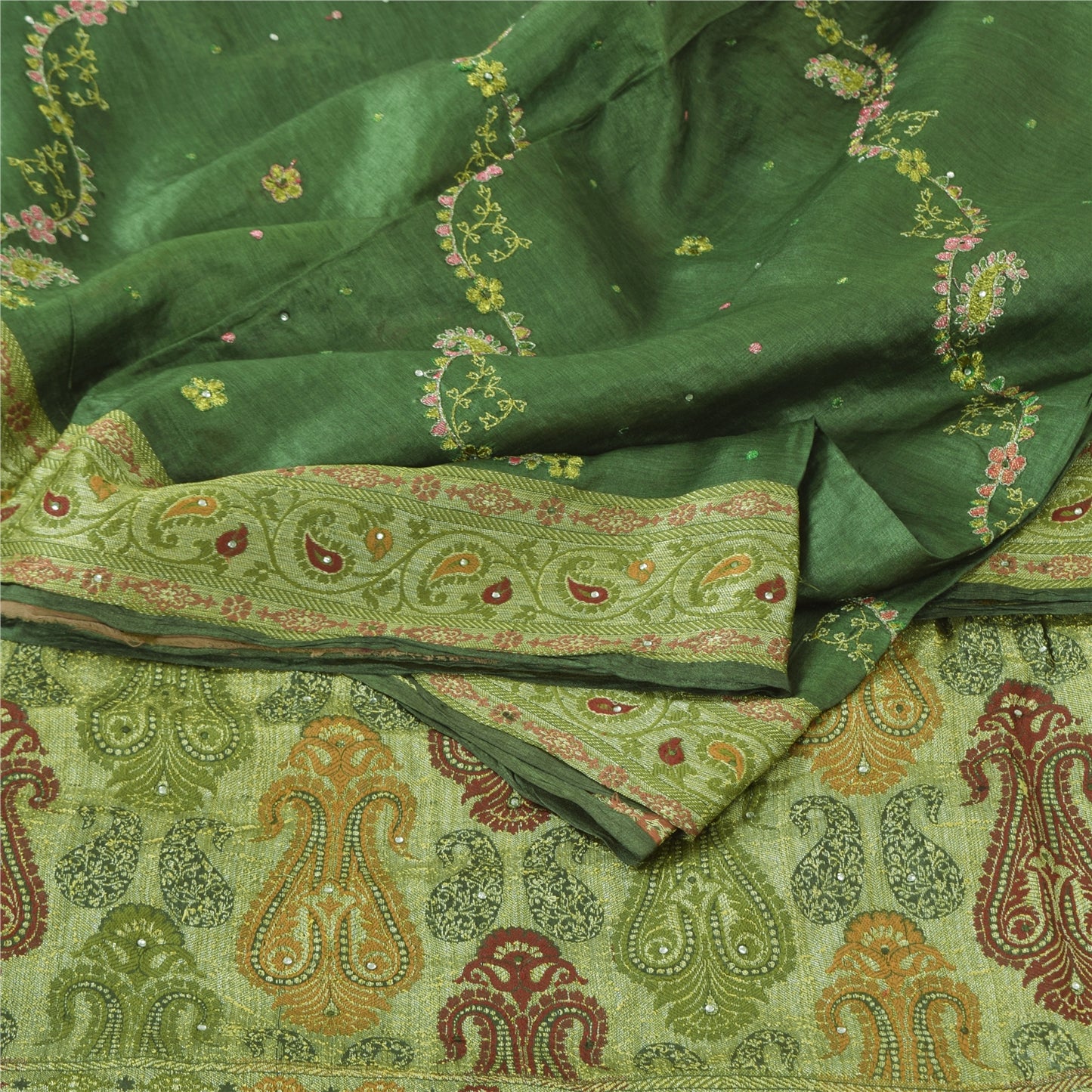 Sanskriti Vintage Green Sarees Pure Silk Embroidered Woven Sari 5yd Craft Fabric