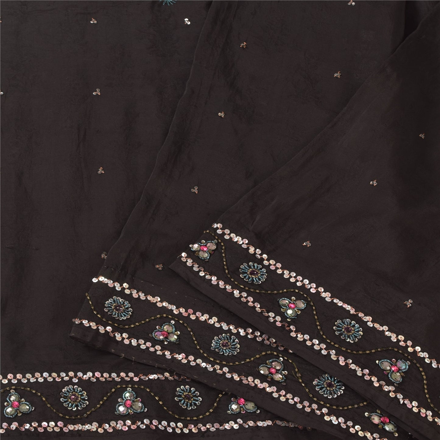 Sanskriti Vintage Black Sarees Pure Silk Hand Beaded Premium Sari Craft Fabric