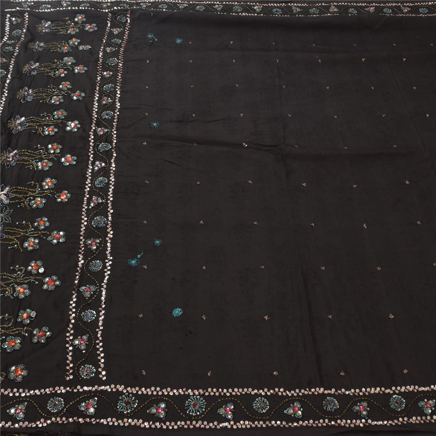 Sanskriti Vintage Black Sarees Pure Silk Hand Beaded Premium Sari Craft Fabric