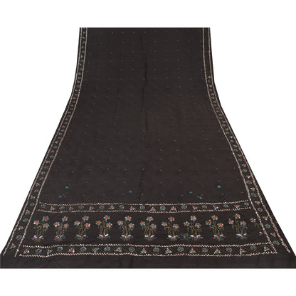 Sanskriti Vintage Black Sarees Pure Silk Hand Beaded Premium Sari Craft Fabric