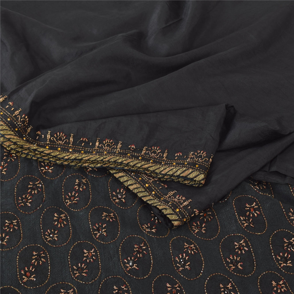 Sanskriti Vintage Black Sarees Pure Silk Hand Beaded Premium Sari Craft Fabric