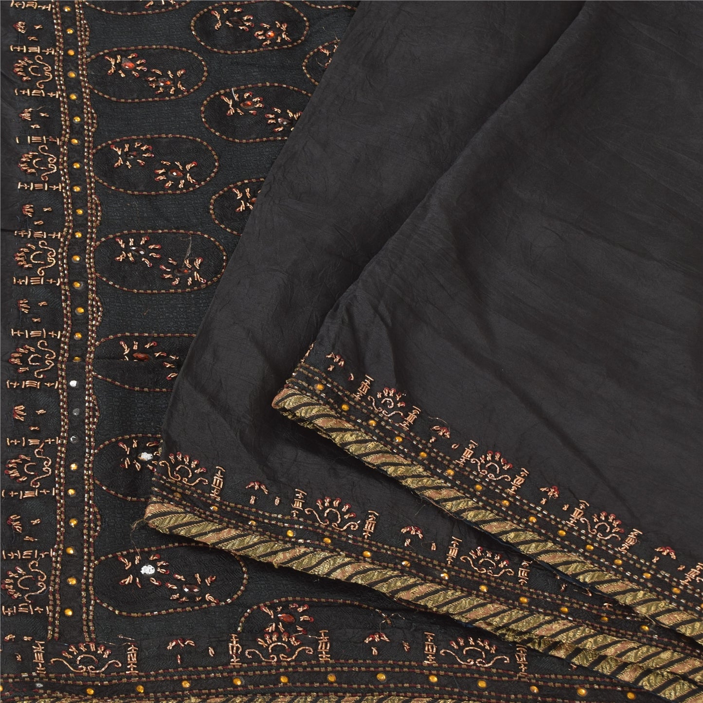 Sanskriti Vintage Black Sarees Pure Silk Hand Beaded Premium Sari Craft Fabric