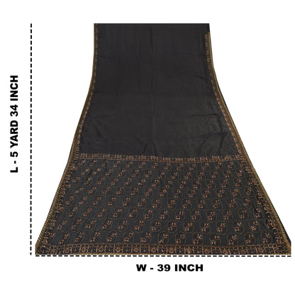 Sanskriti Vintage Black Sarees Pure Silk Hand Beaded Premium Sari Craft Fabric