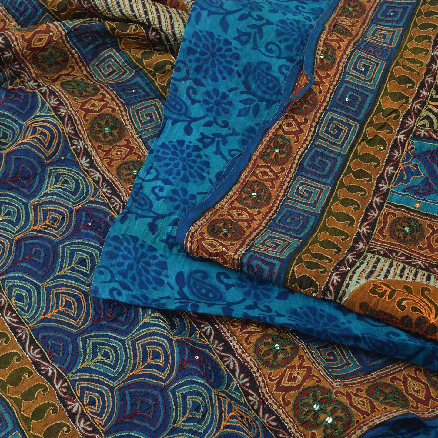 Sanskriti Vintage Blue Sarees Pure Silk Embroidered Ethnic Sari 5yd Craft Fabric