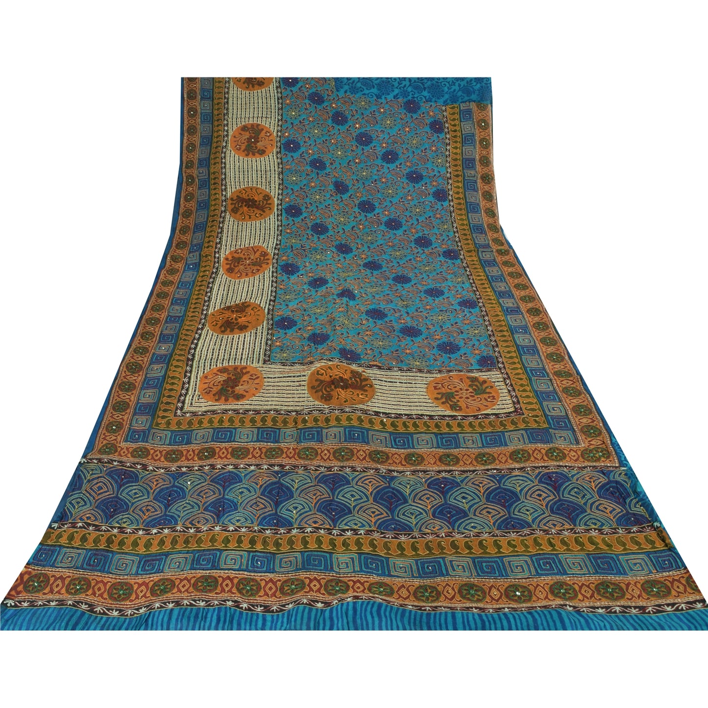 Sanskriti Vintage Blue Sarees Pure Silk Embroidered Ethnic Sari 5yd Craft Fabric