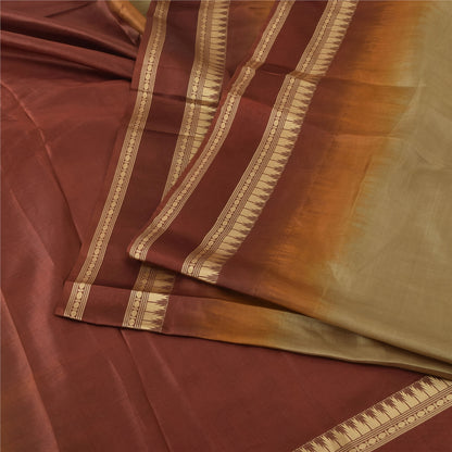 Sanskriti Vintage Indian Beige/Dark Red Sarees Pure Silk Woven Sari Craft Fabric