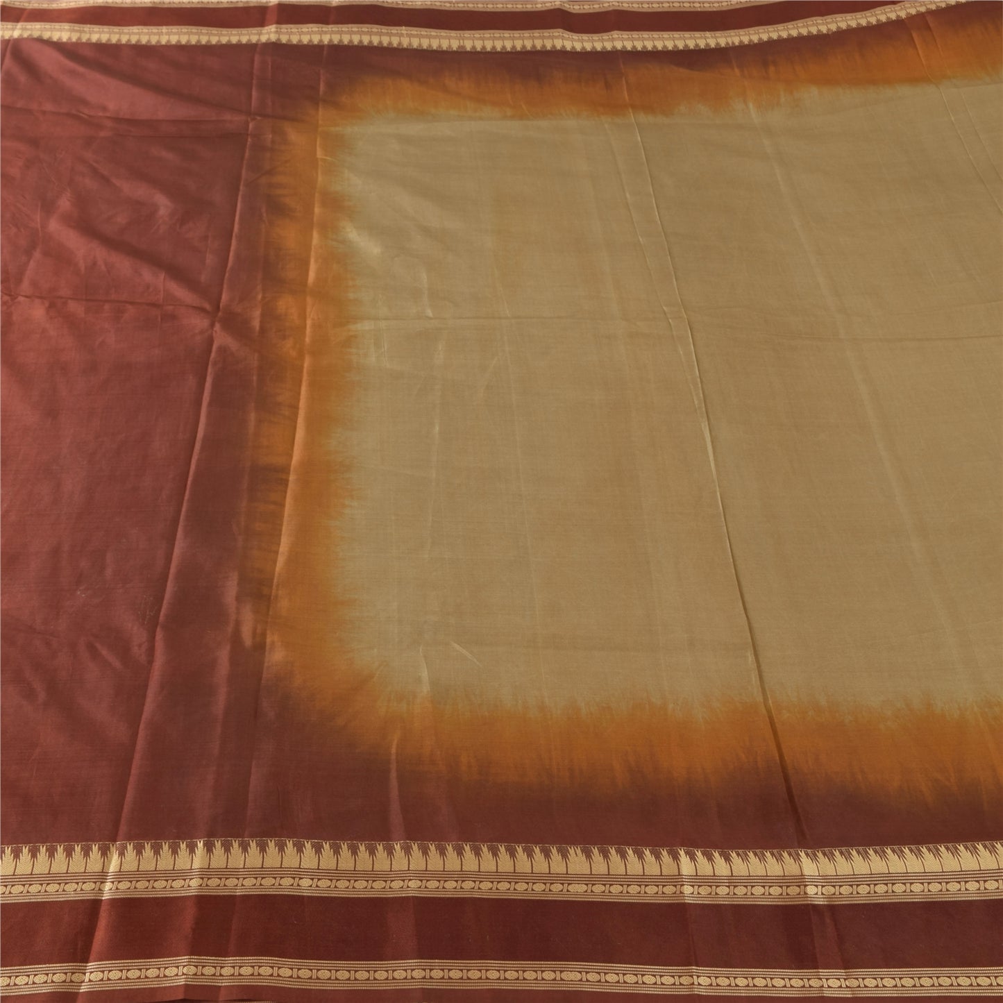 Sanskriti Vintage Indian Beige/Dark Red Sarees Pure Silk Woven Sari Craft Fabric