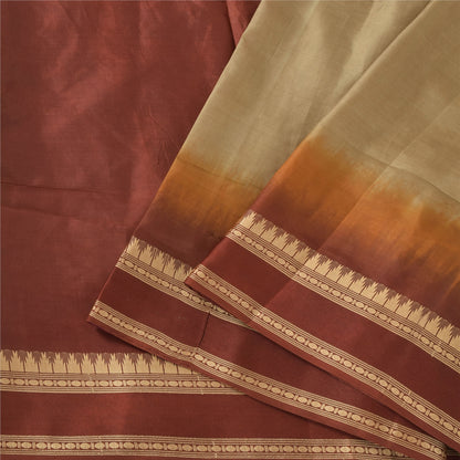 Sanskriti Vintage Indian Beige/Dark Red Sarees Pure Silk Woven Sari Craft Fabric