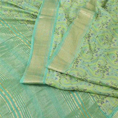 Sanskriti Vintage Green Sarees Pure Cotton Printed Premium Sari 5yd Craft Fabric