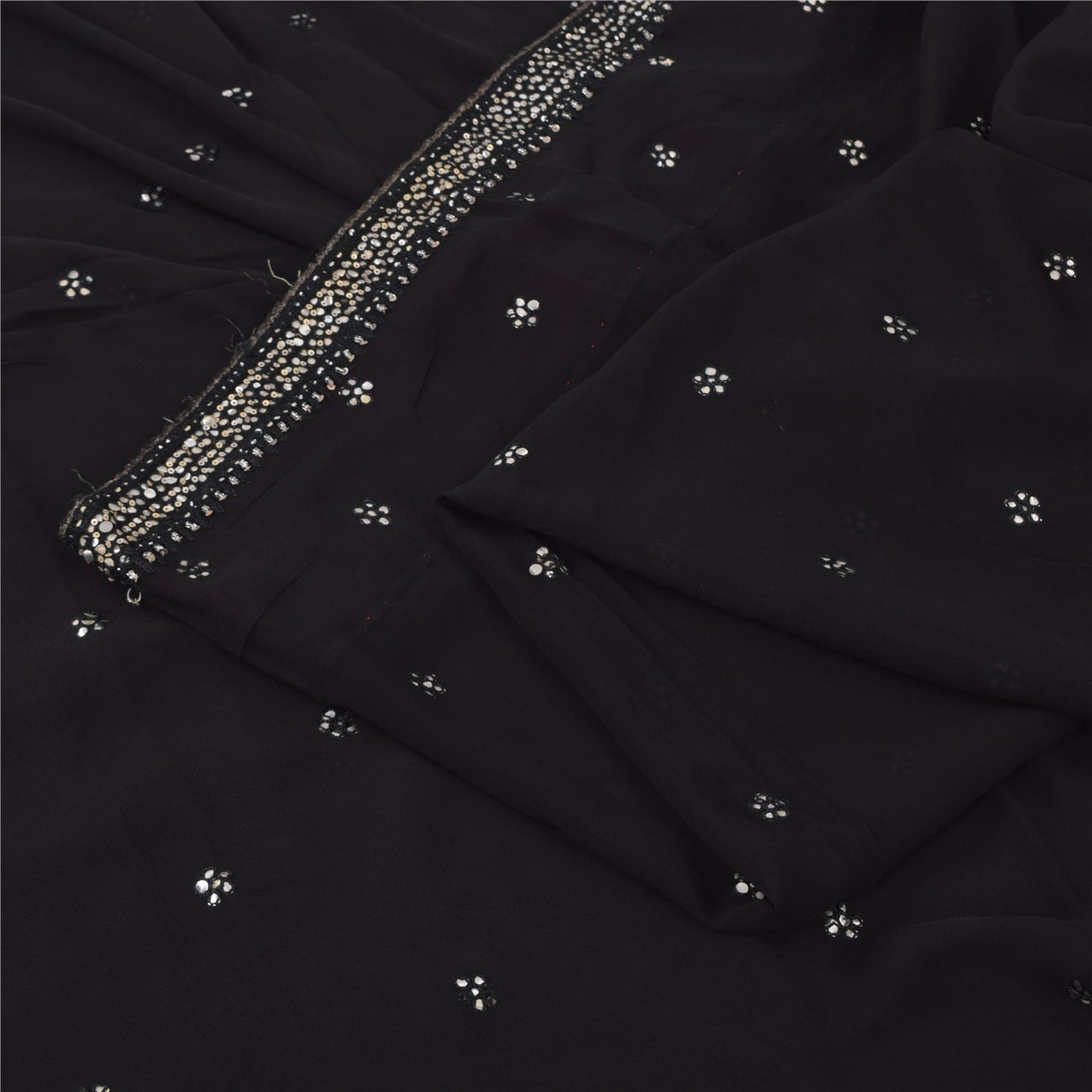 Sanskriti Vintage Black Sarees Pure Georgette Hand Beaded Sari 5+yd Craft Fabric