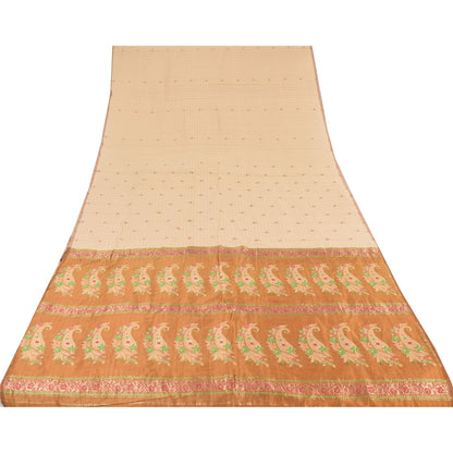 Sanskriti Vintage Golden/Ivory Sarees Pure Silk Hand Woven Sari 6yd Craft Fabric