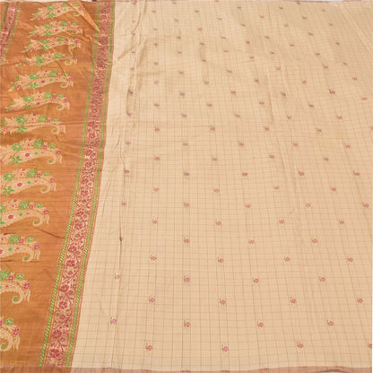 Sanskriti Vintage Golden/Ivory Sarees Pure Silk Hand Woven Sari 6yd Craft Fabric