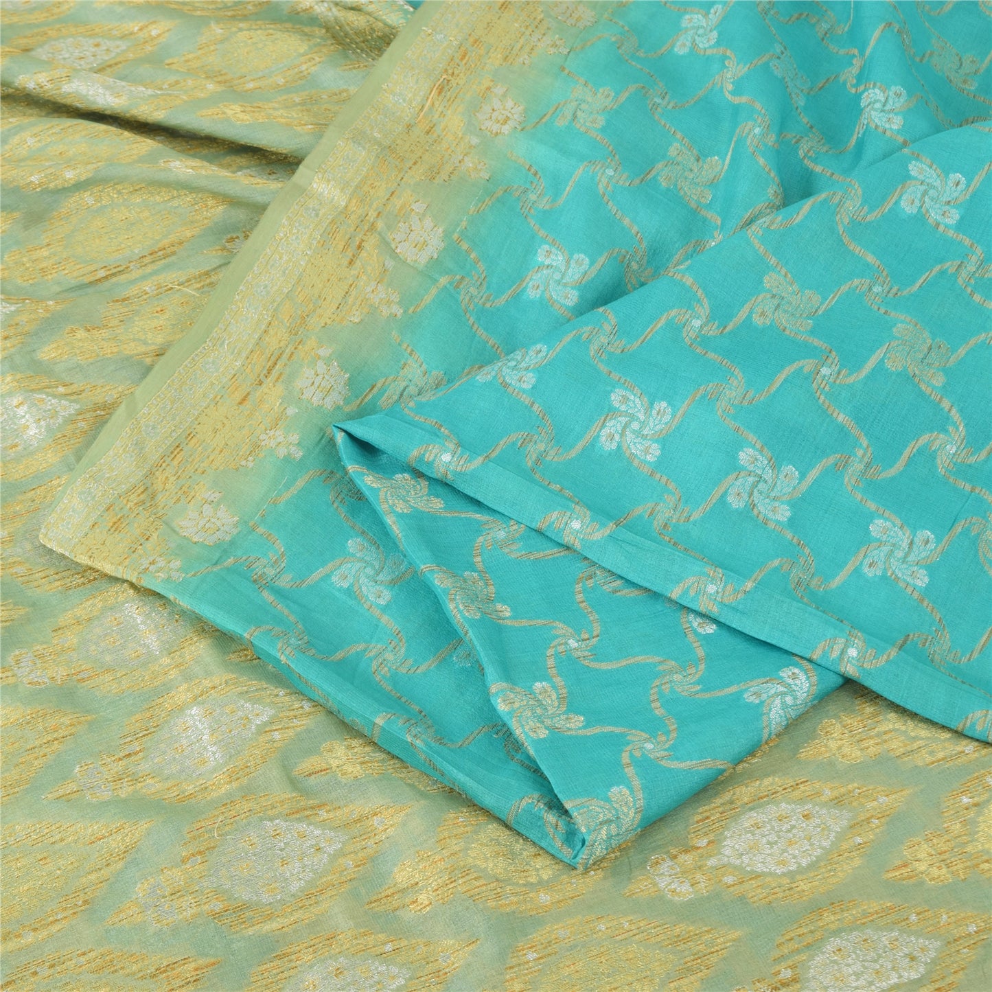 Sanskriti Vintage Blue/Lime Sarees Pure Silk Hand Woven Sari Ethnic Craft Fabric