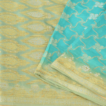 Sanskriti Vintage Blue/Lime Sarees Pure Silk Hand Woven Sari Ethnic Craft Fabric