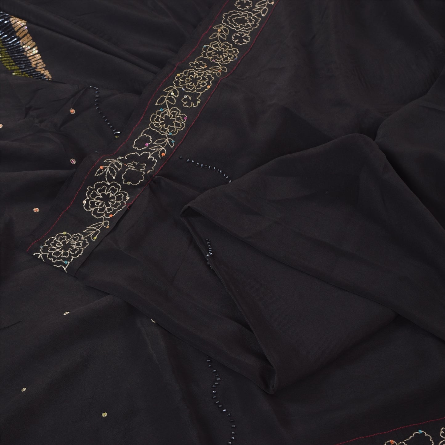 Sanskriti Vintage Black Sarees Pure Silk Hand Beaded Premium Sari Craft Fabric