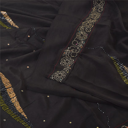 Sanskriti Vintage Black Sarees Pure Silk Hand Beaded Premium Sari Craft Fabric