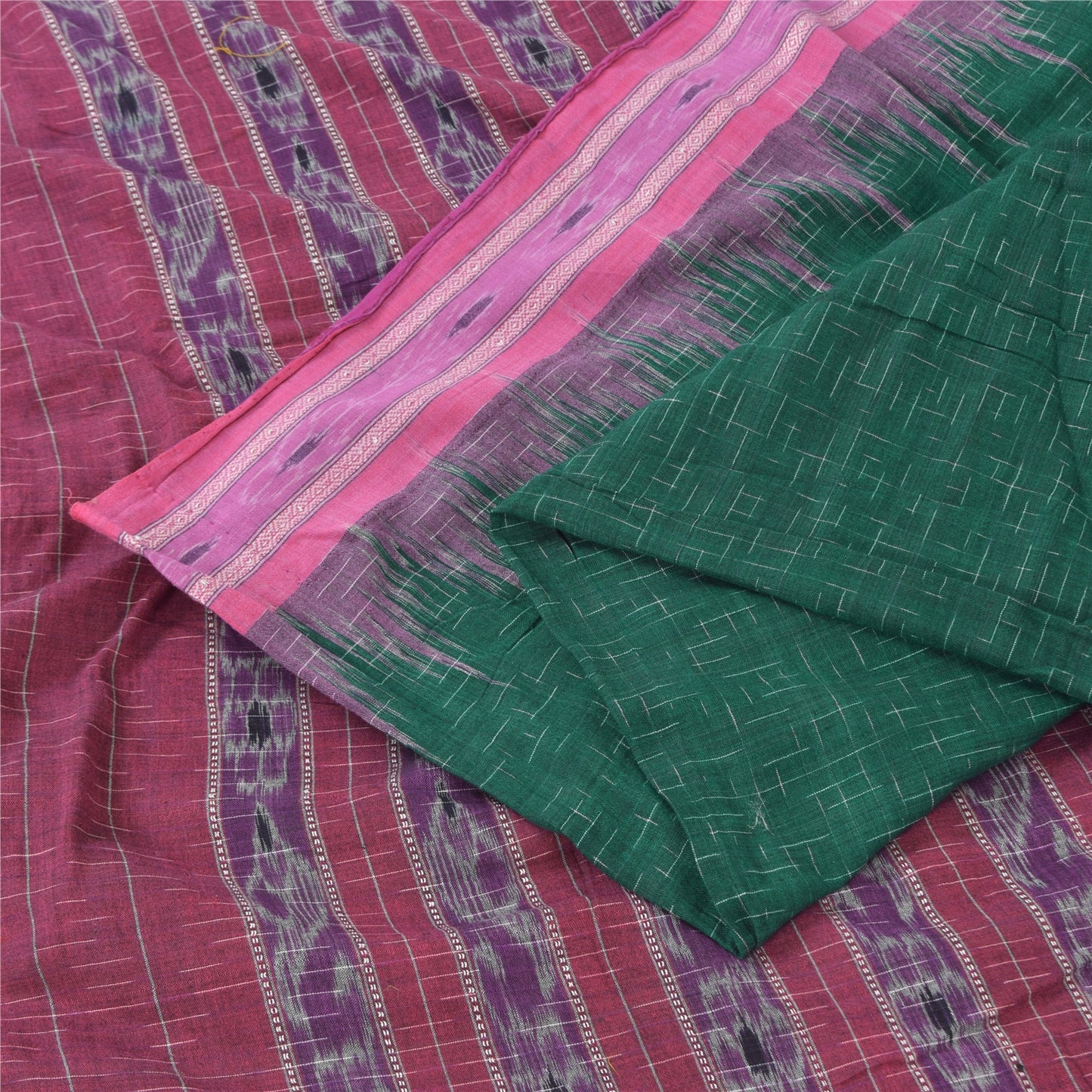 Sanskriti Vintage Green/Purple Sarees Pure Silk Woven Ikat Sari 5yd Craft Fabric