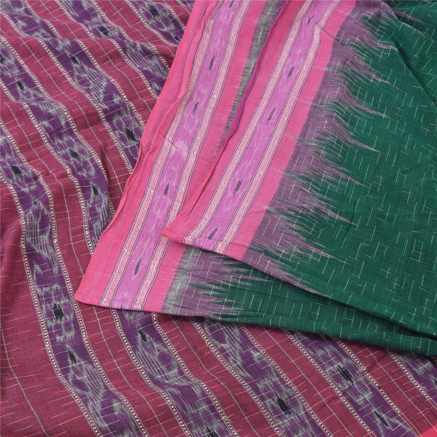 Sanskriti Vintage Green/Purple Sarees Pure Silk Woven Ikat Sari 5yd Craft Fabric