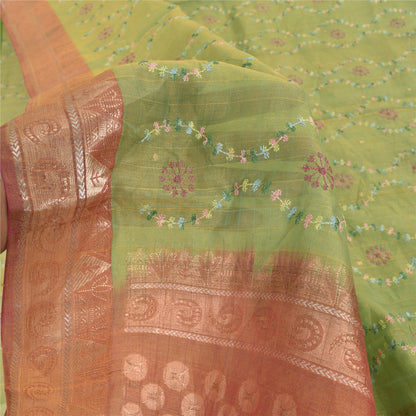 Sanskriti Vintage Green/Brown Sarees Pure Silk Embroidery Sari 5+yd Craft Fabric