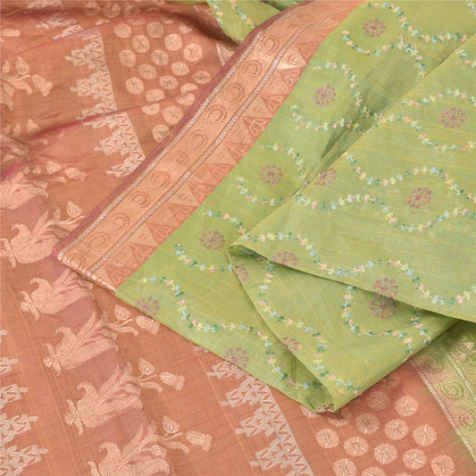 Sanskriti Vintage Green/Brown Sarees Pure Silk Embroidery Sari 5+yd Craft Fabric