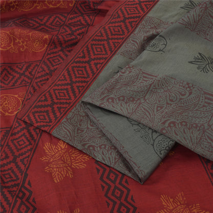 Sanskriti Vintage Red/Gray Sarees Pure Cotton Block Printed Sari 6ydCraft Fabric