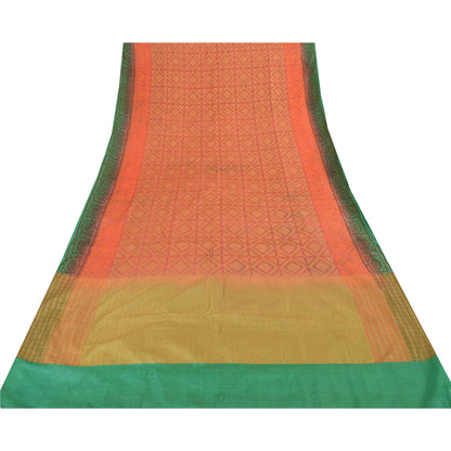 Sanskriti Vintage Green/Orange Sarees Pure Silk Woven Premium Sari Craft Fabric