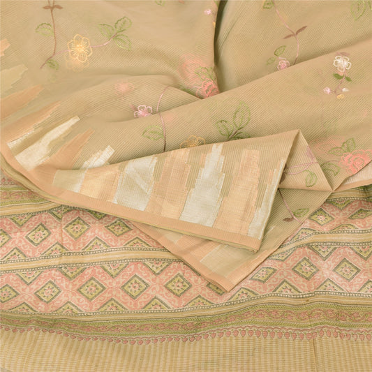 Sanskriti Vintage Indian Cream Sarees Blend Cotton Embroidered Sari Craft Fabric