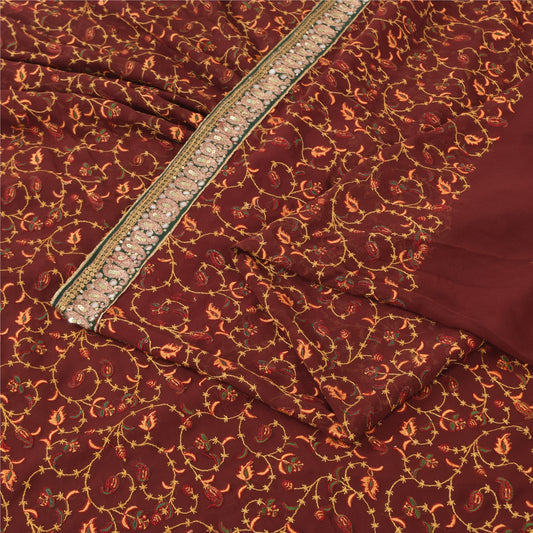 Sanskriti Vintage Dark Red Sarees Georgette Hand Embroidered Sari Craft Fabric