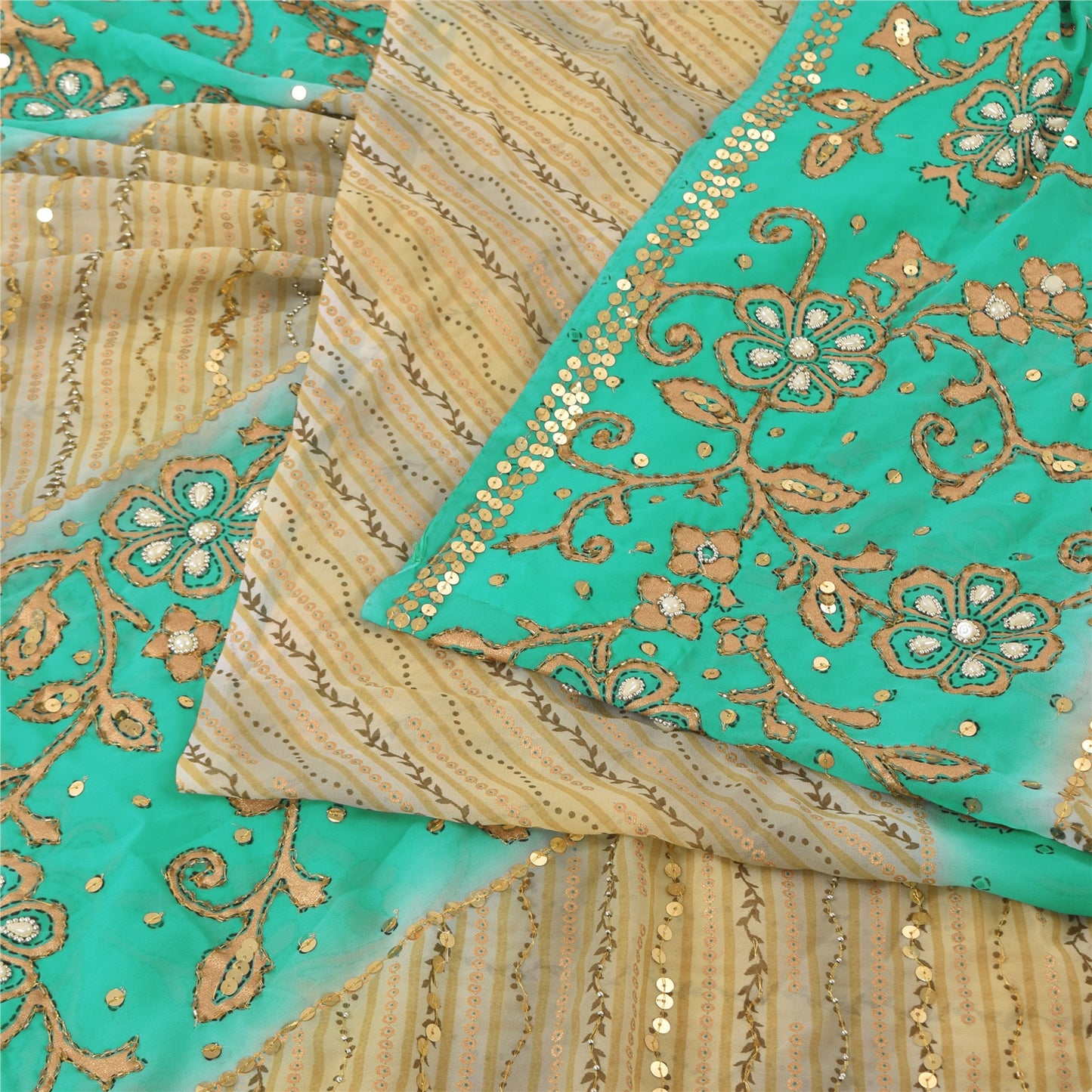 Sanskriti Vintage Green/Cream Sarees Georgette Hand Beaded Sari 6yd Craft Fabric