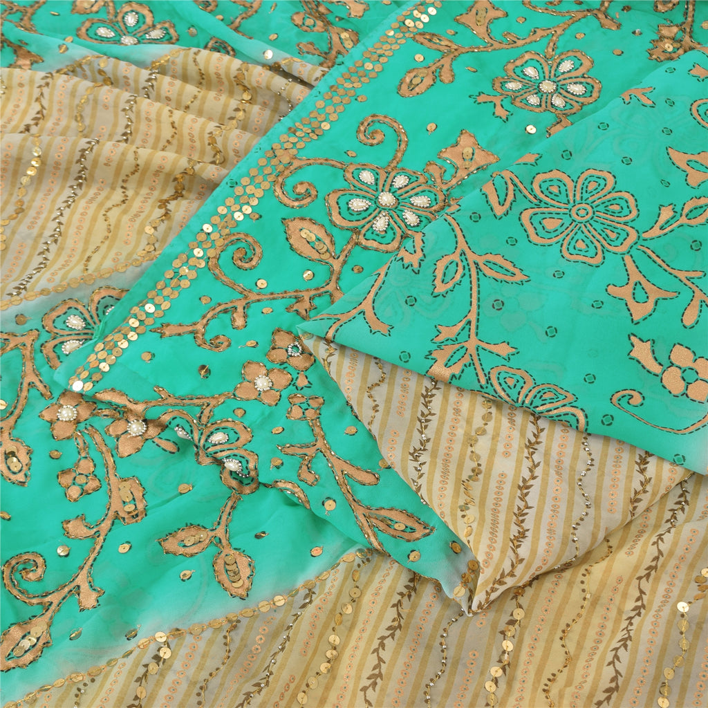 Sanskriti Vintage Green/Cream Sarees Georgette Hand Beaded Sari 6yd Craft Fabric