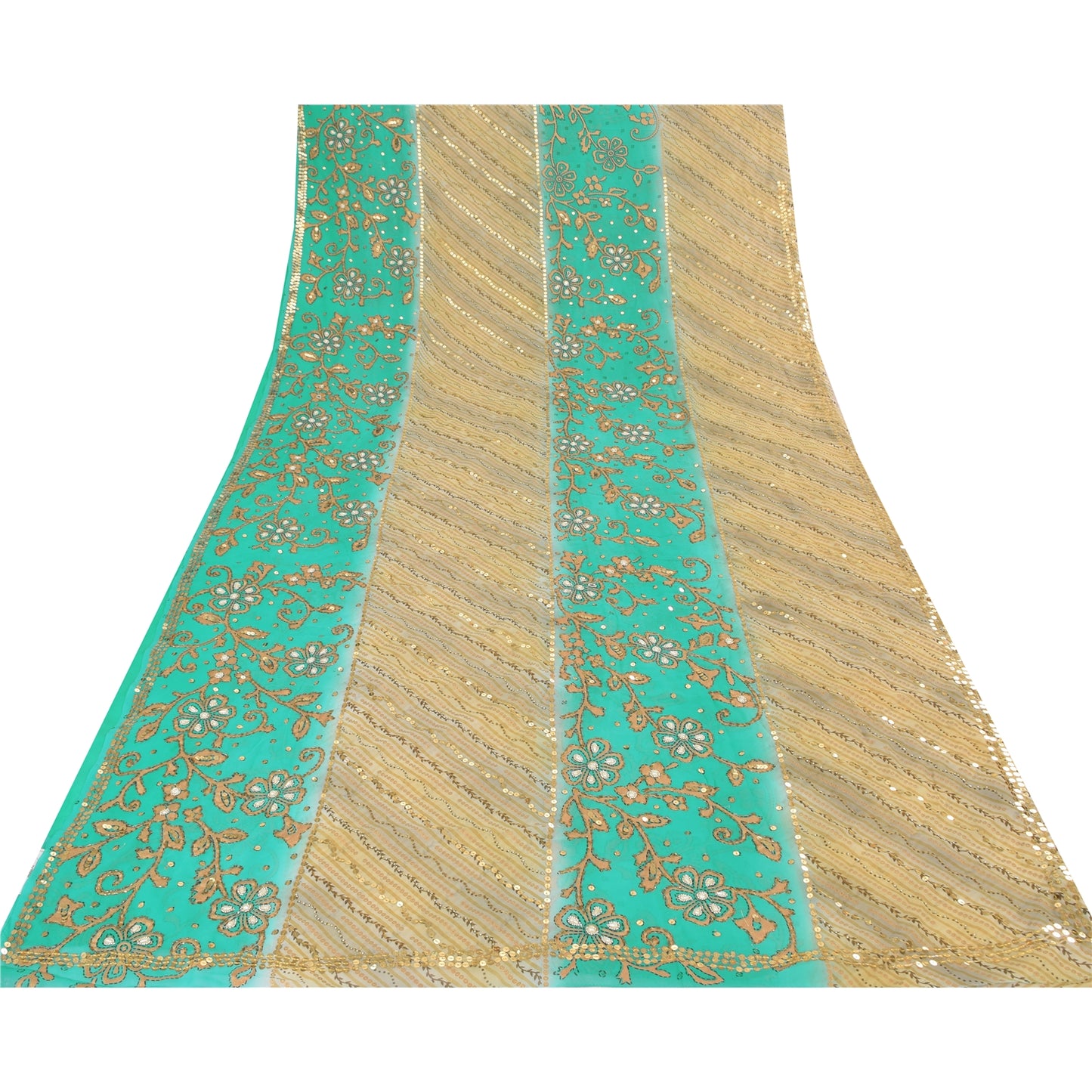 Sanskriti Vintage Green/Cream Sarees Georgette Hand Beaded Sari 6yd Craft Fabric