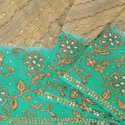 Sanskriti Vintage Green/Cream Sarees Georgette Hand Beaded Sari 6yd Craft Fabric