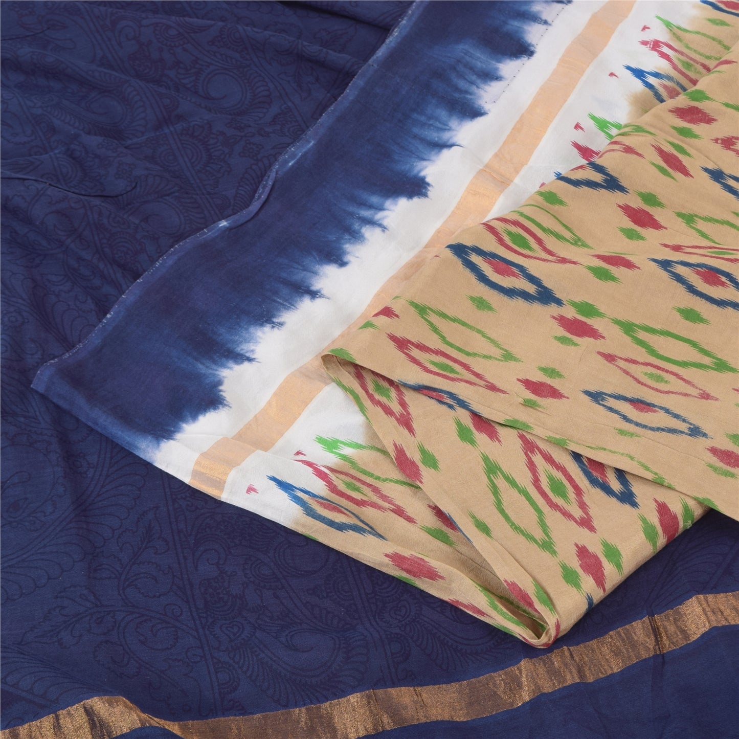 Sanskriti Vintage Dark Blue/Beige Sarees Pure Cotton Printed Sari Craft Fabric