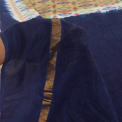 Sanskriti Vintage Dark Blue/Beige Sarees Pure Cotton Printed Sari Craft Fabric