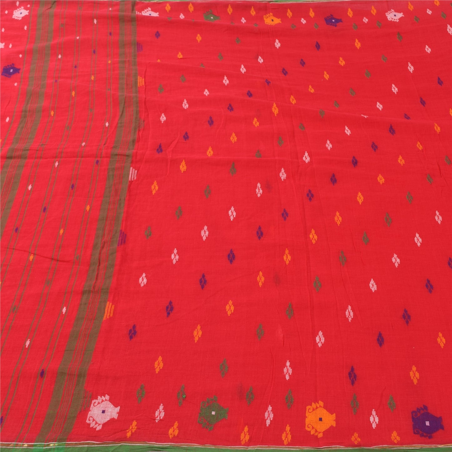 Sanskriti Vintage Red Sarees Pure Cotton Hand Woven Tant Sari 5+ yd Craft Fabric