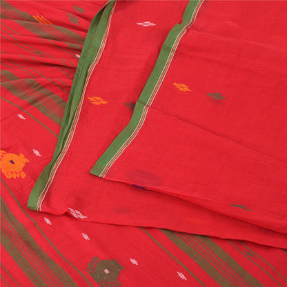 Sanskriti Vintage Red Sarees Pure Cotton Hand Woven Tant Sari 5+ yd Craft Fabric